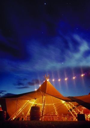 Opensided Giant Tipi With Pole Fairy Lights And Festoon Against Night Sky
